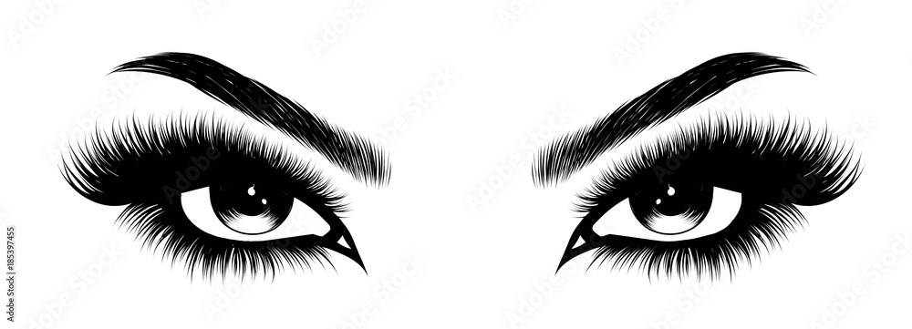 Hand-drawn woman's sexy makeup look with perfectly perfectly shaped eyebrows and extra full lashes. Idea for business visit card, typography vector.Perfect salon look - obrazy, fototapety, plakaty 