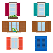 Set Of Open Colorful Different Windows With Shutters And Flowers