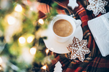Christmas Decoration With A Cup Of Coffee, Gingerbread And Plaid