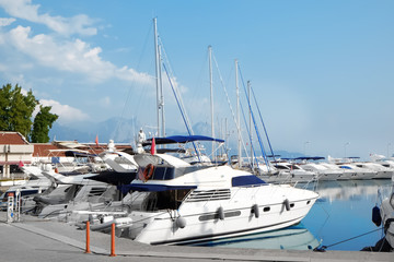 Poster - Beautiful view of modern boats at pier