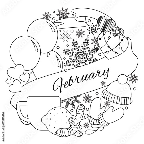 February The Circular Arrangement Of Elements Associated With Winter Coloring The Banner Winter Season Frame Vector Illustration Buy This Stock Vector And Explore Similar Vectors At Adobe Stock Adobe Stock