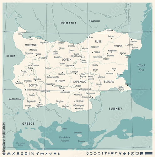 Fotomural Bulgaria Map - Vintage Detailed Vector Illustration