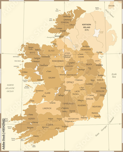 Ireland Map - Vintage Detailed Vector Illustration Poster Mural XXL