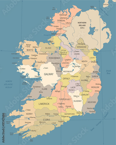 Photographie Ireland Map - Vintage Detailed Vector Illustration