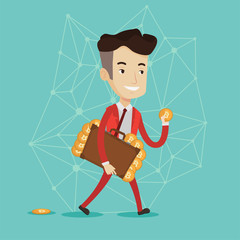 Wall Mural - Young caucasian white businessman walking with briefcase full of golden bitcoin coins. Blockchain network technology, bitcoin trading and cryptocurrency mining concept. Vector cartoon illustration.