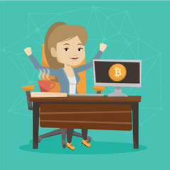 Wall Mural - Caucasian business woman getting investment in the form of bitcoin coin for her startup business project. Concept of successful promotion of new cryptocurrency startup. Vector cartoon illustration.