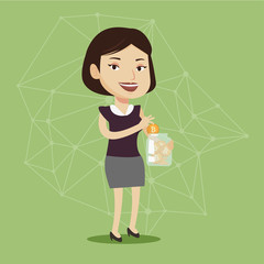 Wall Mural - Caucasian white business woman putting a golden token into glass jar symbolizing bitcoin cold wallet. Cryptocurrency cold wallet and blockchain network technology concept. Vector cartoon illustration.