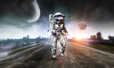 Wall Mural - Spaceman running fast. Mixed media