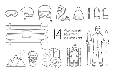 Mountain ski equipment line icons set isolated on white background. Vector winter sport illustration