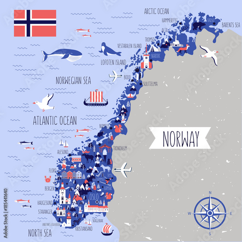 Fotografía Norway travel cartoon vector map, norwegian landmark Brygge, Lindesnes Lighthous