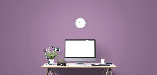 Wall Mural - computer display and office tools on desk. desktop computer screen isolated..