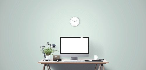 Wall Mural - computer display and office tools on desk. desktop computer screen isolated..