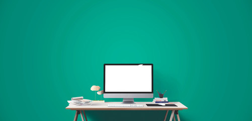 Wall Mural - computer display and office tools on desk.