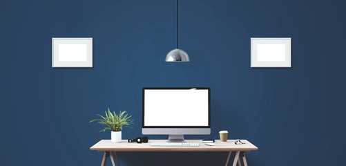 Wall Mural - computer display and office tools on desk.