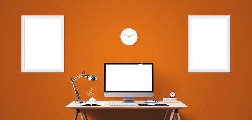 Wall Mural - computer display and office tools on desk. desktop computer screen isolated. modern creative workspa