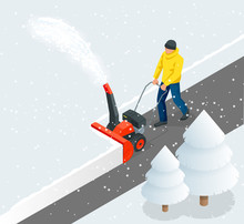 A Man Cleans Snow From Sidewalks With Snowblower. City After Blizzard. Isometric Vector Illustration.