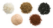variety of natural and spicy salt on white background