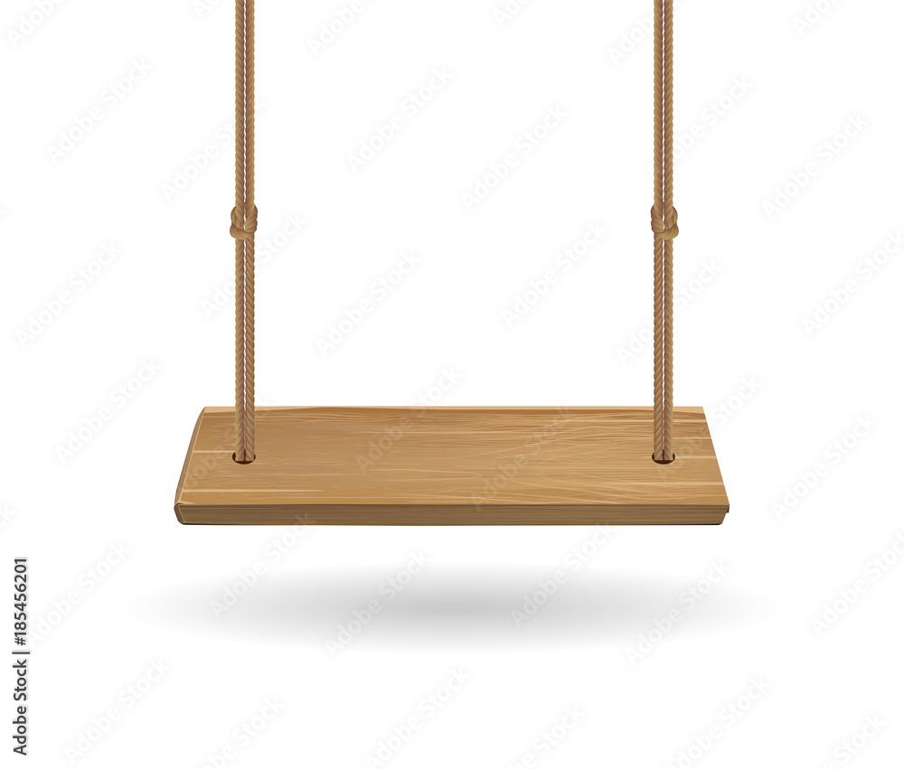 hanging wooden swing with rope on white background - obrazy, fototapety, plakaty 