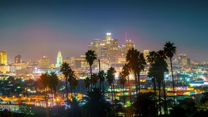Aufkleber - Sunset to night transition, zoom out of city of Los Angeles downtown skyline