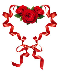 Wall Mural - Curled red silk ribbons in a hart shape with rose flowers arrangement for Valentine’s Day