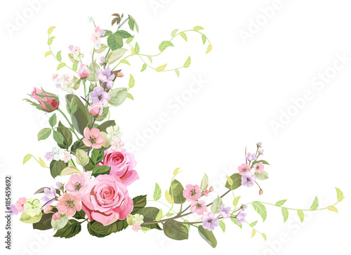 Angled frame with roses, spring blossom (bloom), branches with mauve, pink ap...