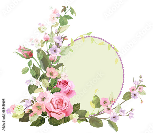 Round frame with roses, spring blossom (bloom), branches with mauve, pink app...