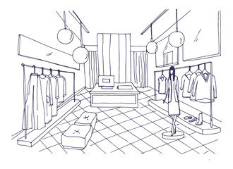 Sticker - Outline drawing of clothing boutique interior with furnishings, clothes hanging on hangers, mannequin dressed in stylish apparel. Fashion store hand drawn with contour lines. Vector illustration.