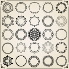 Vintage set of round elements. Different elements for decoration and design frames, cards, menus, backgrounds and monograms. Classic patterns. Set of vintage patterns