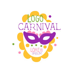 Sticker - Illustration of abstract carnival face in purple mask for Mardi Gras holiday logo. Fat Tuesday. Colorful flat vector isolated on white