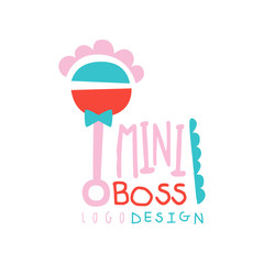 Poster - Mini boss logo original design with abstract beanbag. Baby manager theme with lettering. Flat hand drawn vector illustration isolated on white.