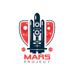 Poster - Logo for Mars project with abstract image of flight rocket. Space shuttle in line style with dark blue and red colors. Vector emblem for colonization program, journey into space