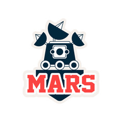 Sticker - Logo of Mars exploration rover with satellites and camera. Space journey, astronomy science project. Stamp in outline style. Flat vector for badge, emblem, sticker or print