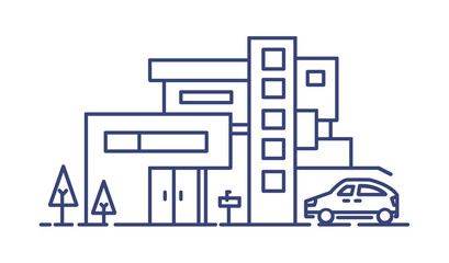 Fototapete - Living house built in contemporary architectural style and automobile parked beside it drawn with blue lines on white background. Residential property or real estate. Monochrome vector illustration.