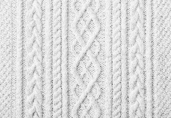 Close up of white knitted sweater background, texture with copy space