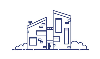 Fototapete - Brick house built using ecological materials. Modern city building drawn with blue contour lines on white background. Contemporary sustainable architecture. Vector illustration in lineart style.