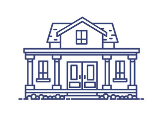 Fototapete - Two-story residential house with porch and columns built in classic architectural style. Elegant building drawn with blue contour lines on white background. Vector illustration in lineart style.