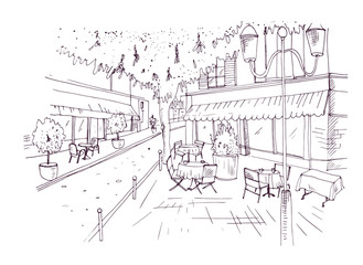 Fototapete - Freehand sketch of European outdoor cafe or coffeehouse with tables covered by tablecloths and chairs standing on city street hand drawn with contour lines on white background. Vector illustration.