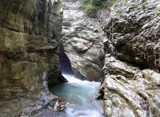 The water flowing from the rocks into the lake, Samandere waterfalls in Turkey