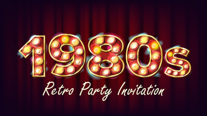 Sticker - 1980s Retro Party Invitation Vector. 1980 Vintage Style Design. Shine Lamp Bulb. Glowing Classic Retro Poster, Flyer, Banner Template. Night Club, Disco Party Event Advertising Illustration