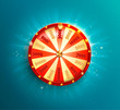 Symbol of spinning fortune wheel in realistic style. Shiny lucky roulette for your design on blue glowing background. Vector illustration.