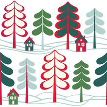 Houses In The Winter Forest. Seamless Vector Pattern.