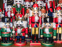 Christmas Nutcracker Toy Soldier Collection. Various Traditional Christmas Nutcrackers Stand Together As Decoration