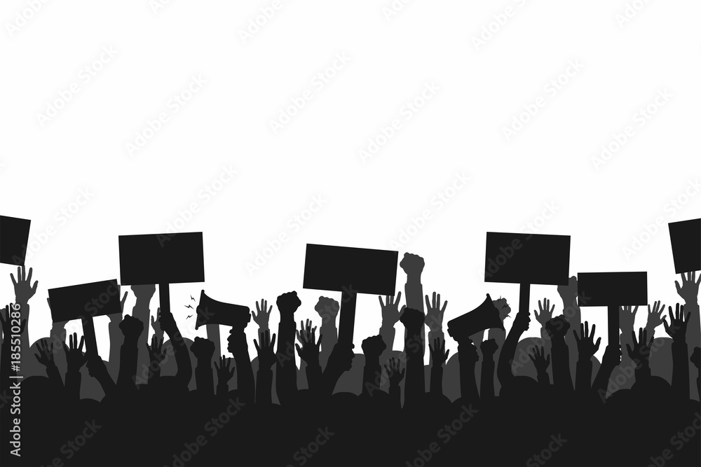 Crowd of protesters people. Silhouettes of people with banners and megaphones. Concept of revolution or protest - obrazy, fototapety, plakaty 