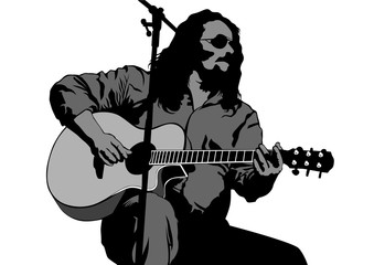 Wall Mural - Musician with guirar in rock style on a white background