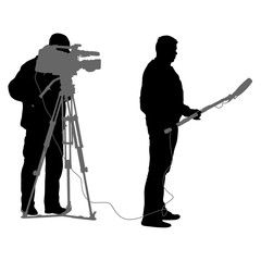 Wall Mural - Cameraman with video camera. Silhouettes on white background