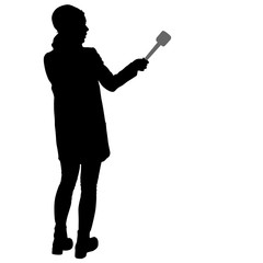 Wall Mural - Sound technician with microphone in hand. Silhouettes on white background