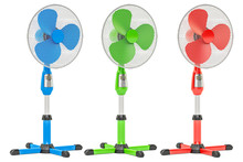 Set Of Colored Standing Pedestal Electric Fans, 3D Rendering