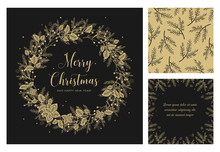 Merry Christmas And Happy New Year Greeting Card. Wreath With Gold Berries, Leaves, Pine Branches And Fir Cones. Round Frame For Winter Design On Black Background. Vector Illustration In Modern Style