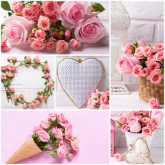 Wall Mural - Collage from photos of  tender pink roses flowers and decorative hearts on light background.