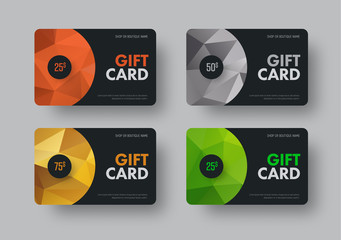 Wall Mural - vector gift card design in black with colored abstract polygonal background.